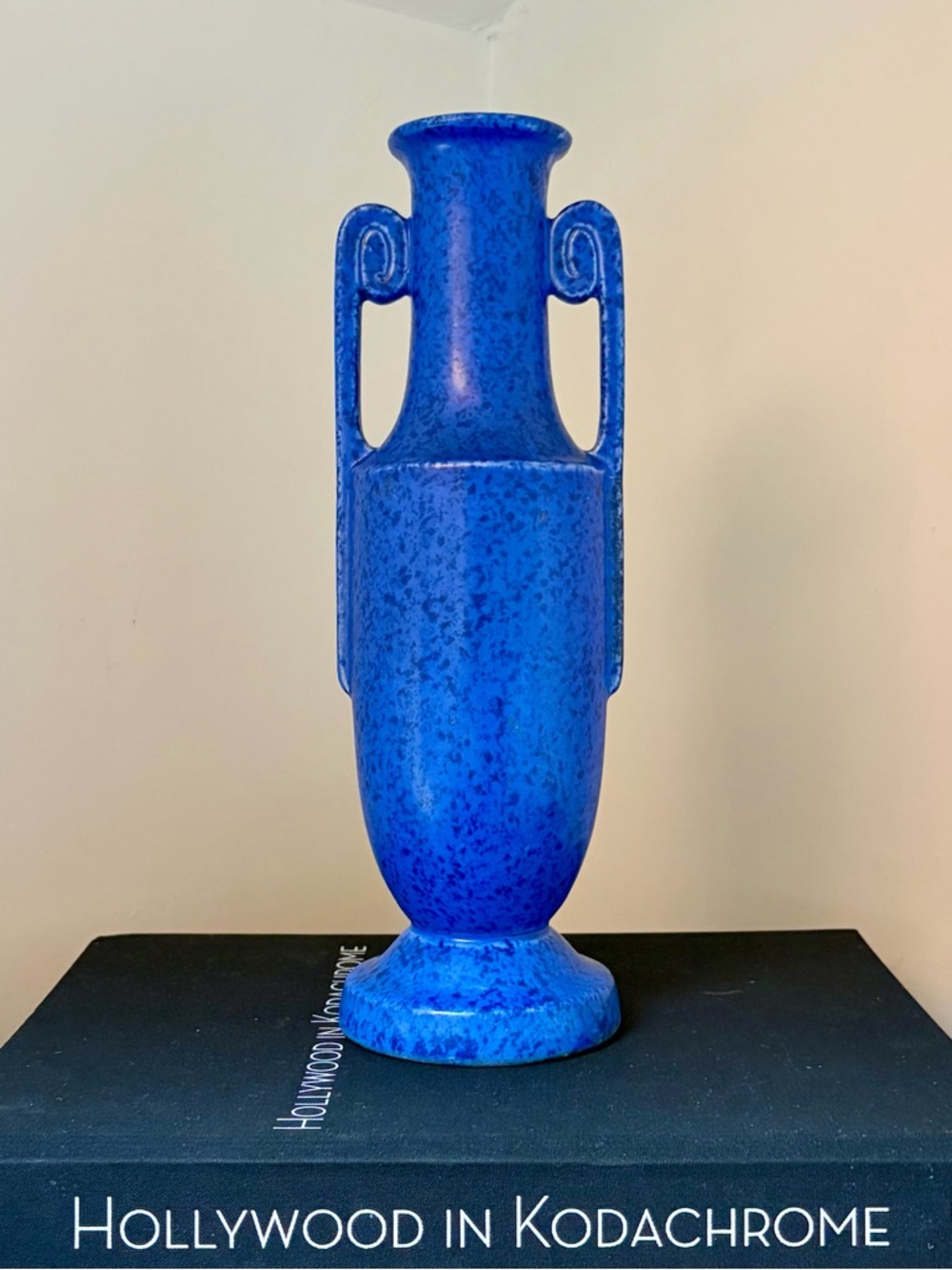 Vintage Czech Pottery Amphora Vase Mottled Cobalt Blue Glaze Scroll Handles MCM